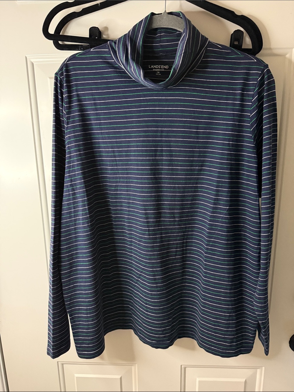 Lands' End Navy Turtleneck with Green and White Stripes Shaped Fit